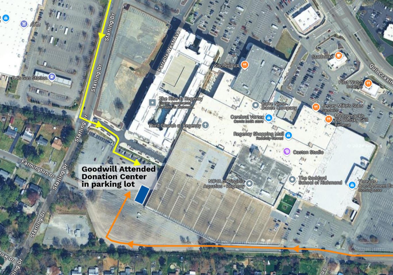 Map to find the Goodwill donation center at the Regency Square Mall. 