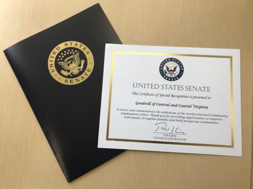 Certificate from Tim Kaine's office