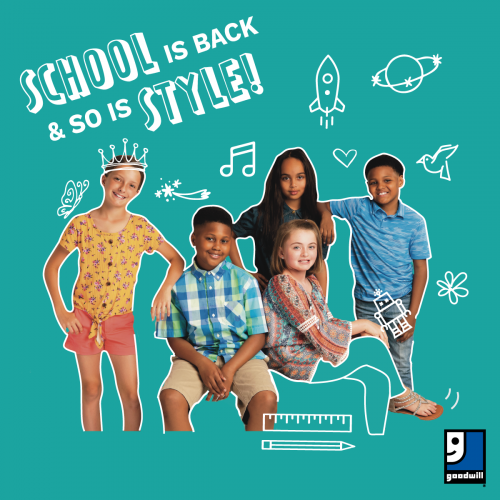 Back to School for Less with Goodwill. Image shows children ready for school surrounded by doodle art.