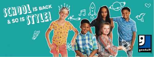 Back to School for Less with Goodwill. Image shows children ready for school surrounded by doodle art.