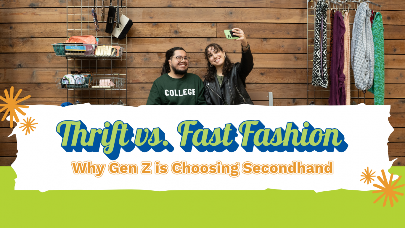 Two smiling young adults take a selfie while sitting in a thrift store setting with wooden walls, hanging scarves, and small accessories on shelves. The text reads “Thrift vs. Fast Fashion – Why Gen Z is Choosing Secondhand” in bold, colorful font with a playful, retro-inspired design.
